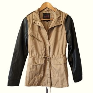 NWT Yoki NY Khaki Beige & Black Faux Leather Long Jacket Anorak Safari sz. L